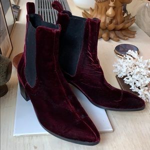 Deep red velvet boots